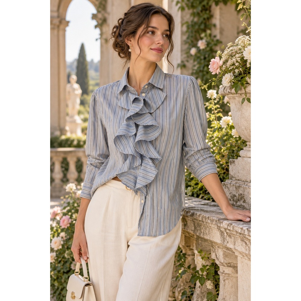 Ralph Lauren Ruffle Top Women L Blue Stripe Preppy Regencycore Coastal Nautical